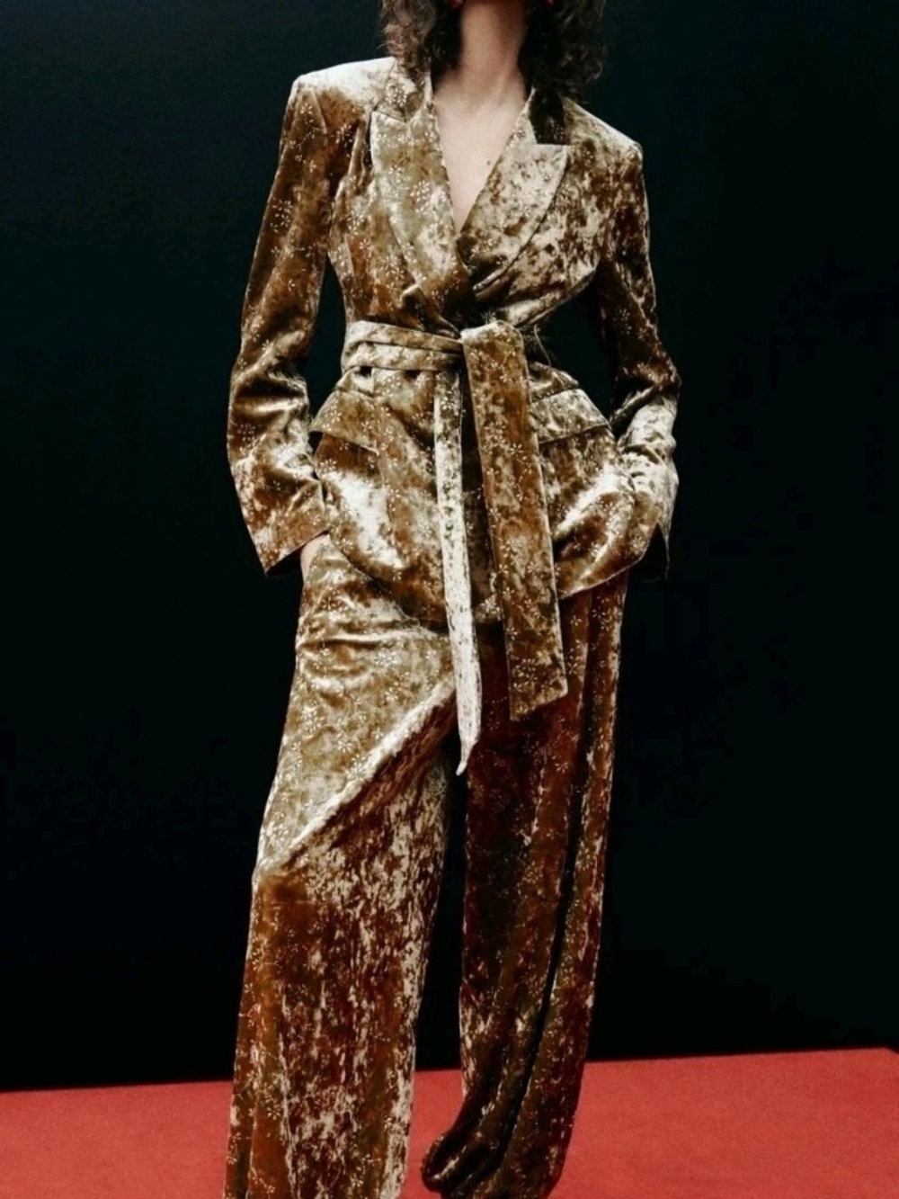 Velvet Belted Wide-Leg Jumpsuit - Brown
